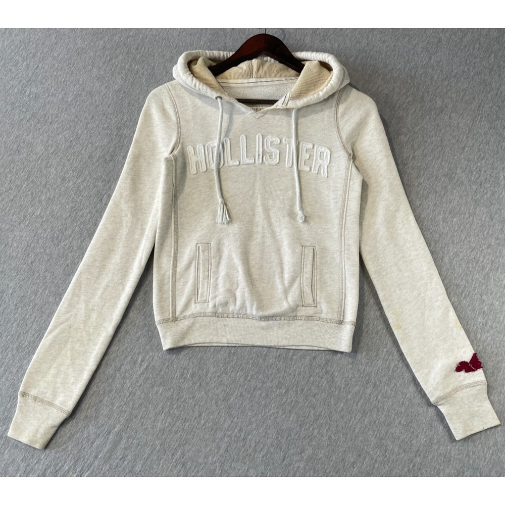 Hollister California Hoodie Women XS Beige Embroidered Spellout Logo Ribbed Trim